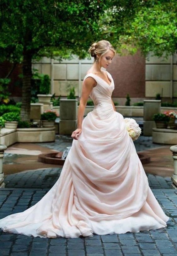 Elegant V-Neck Pink Sleeveless Ruffles Ball Gown Wedding Dresses-newarrivaldress