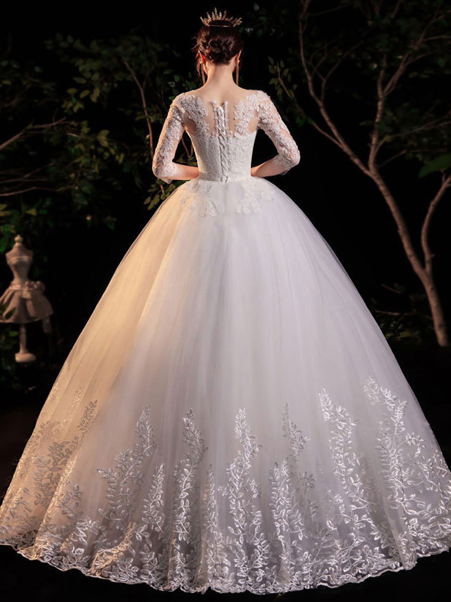 Simple Wedding Dress Eric White Ball Gown Jewel Neck Half Sleeves Applique Long Bridal Dresses-newarrivaldress