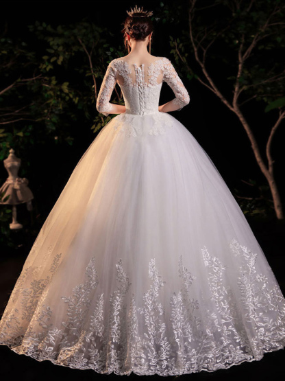 Simple Wedding Dress Eric White Ball Gown Jewel Neck Half Sleeves Applique Long Bridal Dresses-newarrivaldress