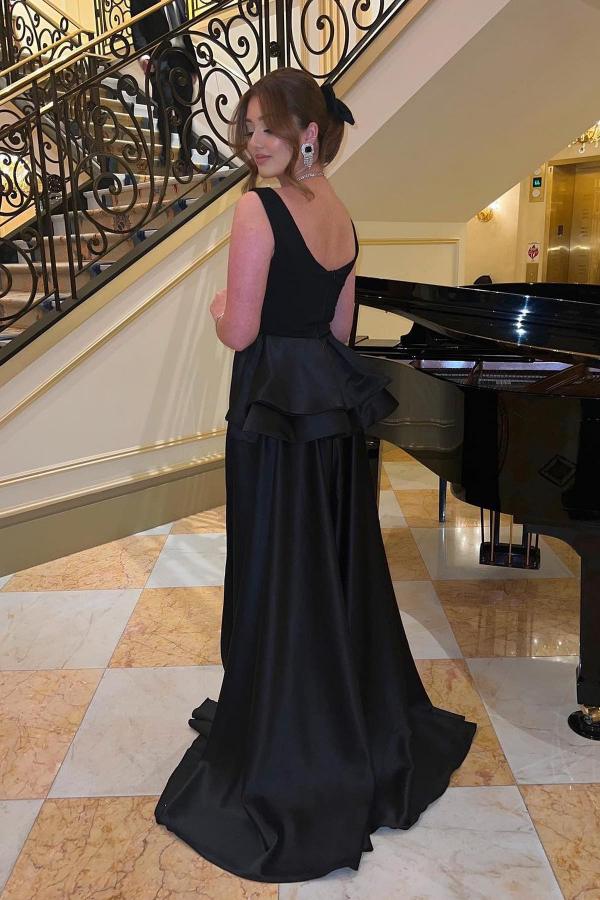 Black Scoop Neck Mermaid Formal Dress Satin Bow Long Evening Dress-newarrivaldress