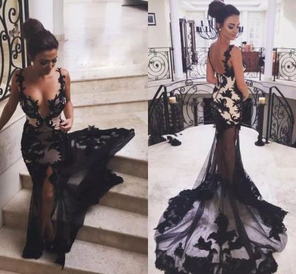 Sexy Mermaid Black Lace Prom Dress, modern prom dress-newarrivaldress