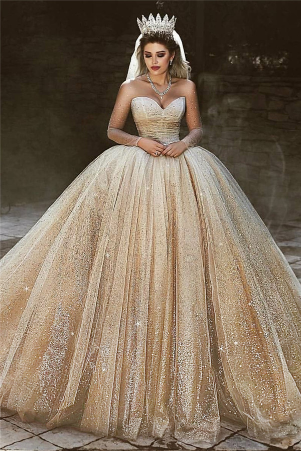 Sparkling Tulle Floor Length Wedding Dresses | Elegant Long Sleeve Bridal Dresses with Sequins-newarrivaldress