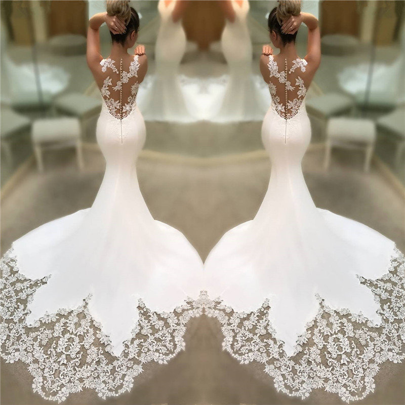 Mermaid Satin Lace Wedding Dresses 2021 | Sleeveless Sheer Back V-neck Bridal Gowns BC0578-newarrivaldress