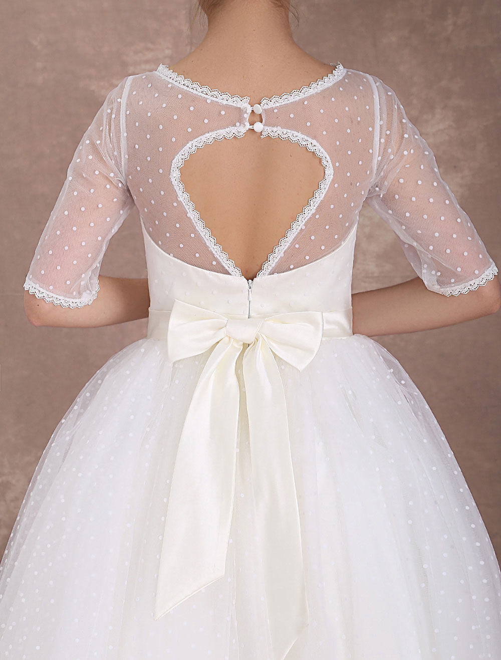 Vintage Wedding Dress 1950'S Short Bridal Dress Ivory Backless Polka Dot Half Sleeve Sweetheart Bow Sash Weddig Reception Dress Exclusive-newarrivaldress