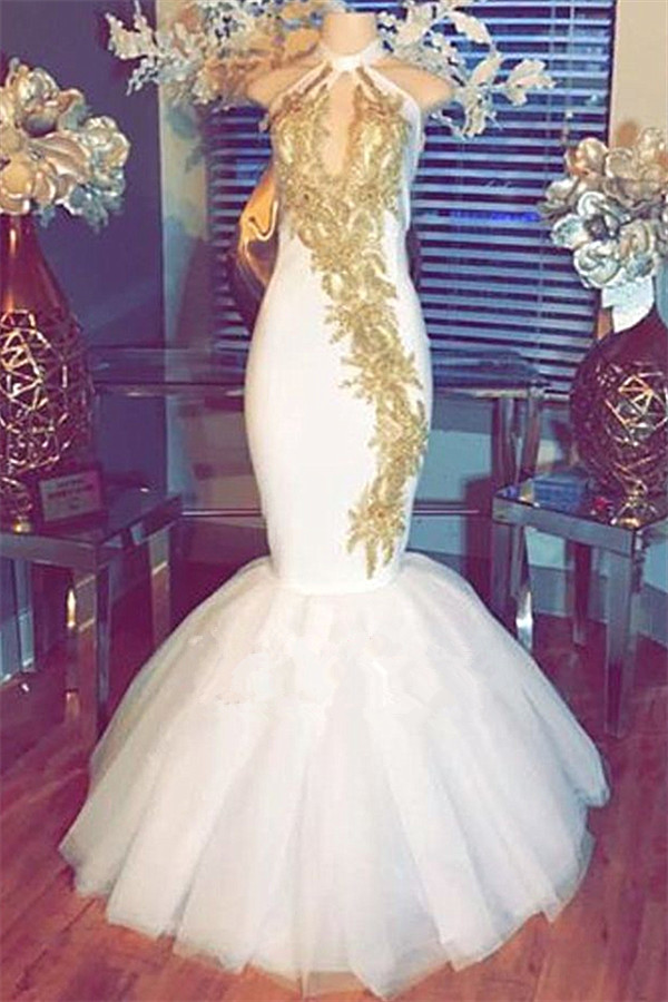 White Mermaid Prom Dresses |Halter Evening Gowns With Gold Appliques BA8790-newarrivaldress