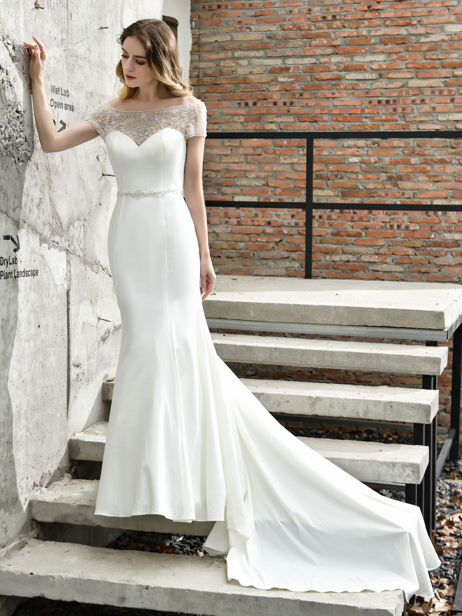 Wedding Dress Short Sleeves Illusion Neck Beaded Mermaid Bridal Gowns-newarrivaldress