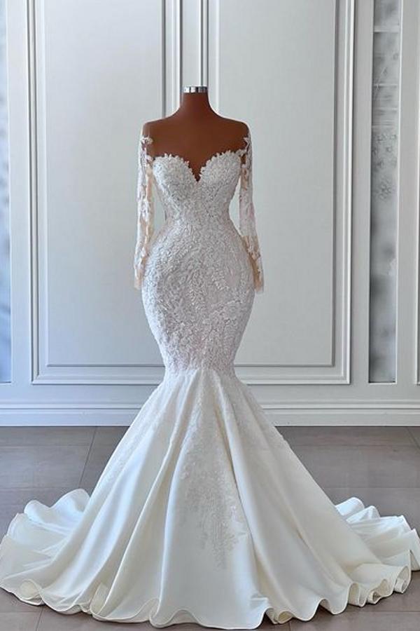 Gorgeous Mermaid Wedding Dresses with Sleeves Floral Lace Long Bridal Dress with Sweep Train-newarrivaldress