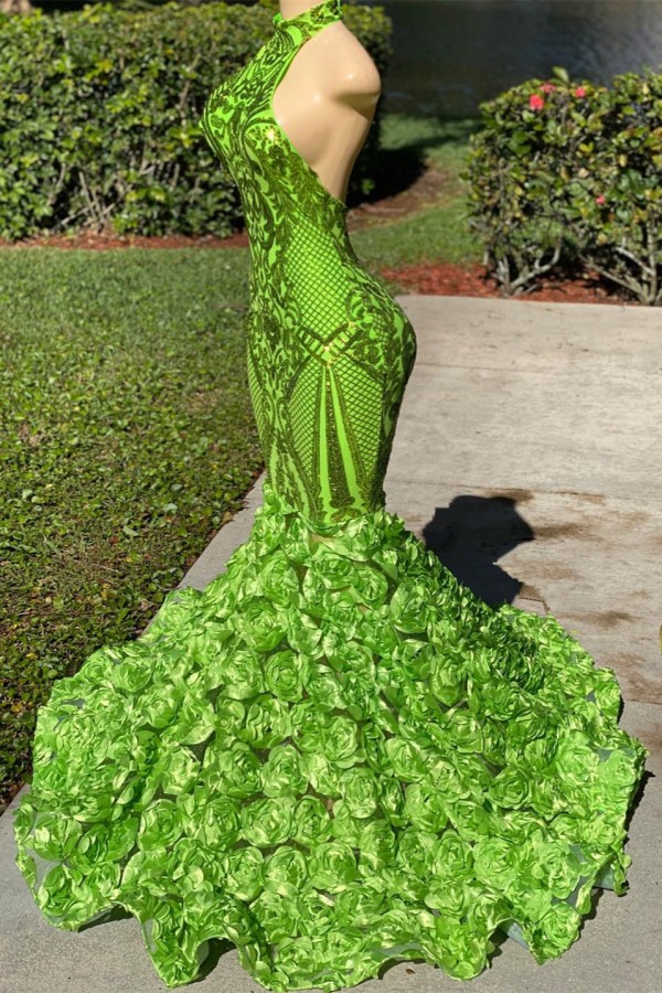 Amazing Halter Mermaid Prom Dress Puffy Flowers Glitter Party Dress-newarrivaldress
