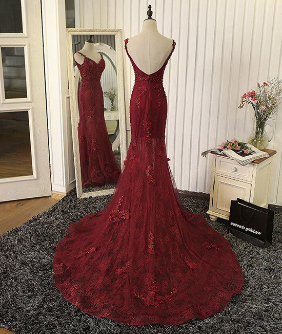 Tulle Mermaid Burgundy Prom Dresses Appliques Open Back Dresses Lace Evening Gowns-newarrivaldress