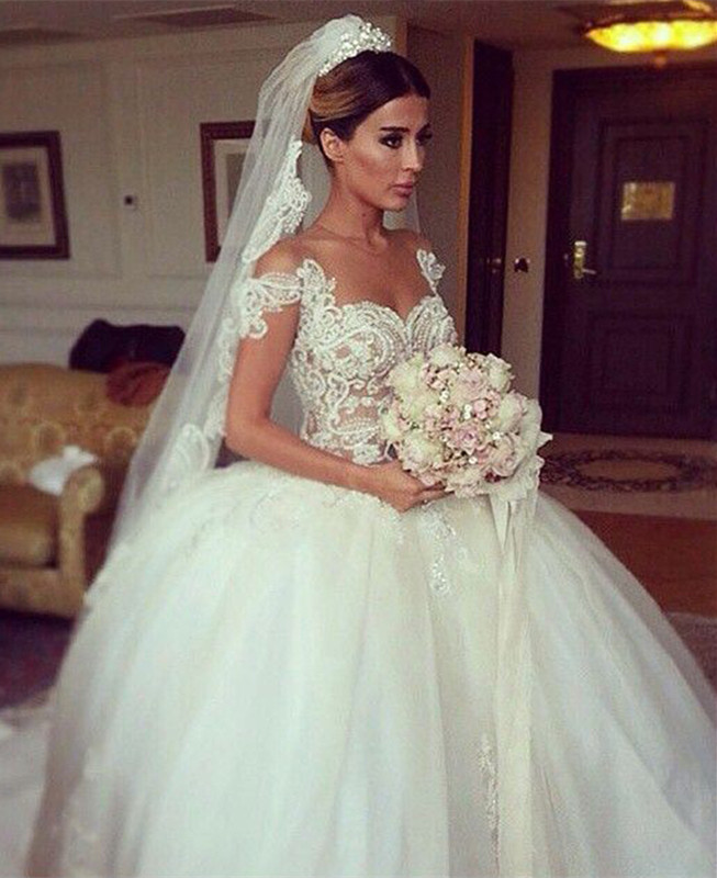 Short Sleeve Ball Gown Wedding Dresses with Beads | Princess Lace Appliques Sexy Bridal Gowns-newarrivaldress