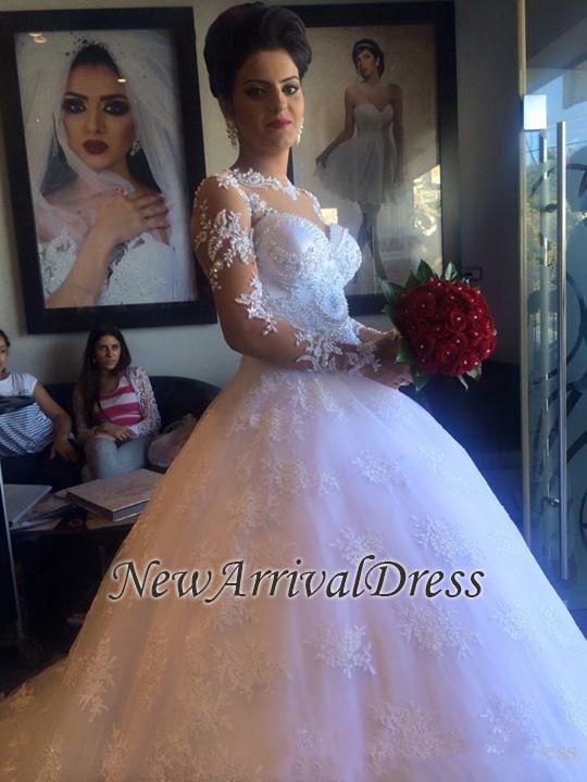 Long Sleeve Elegant Lace Appliques Ball Gown Wedding Dresses with Court Train-newarrivaldress