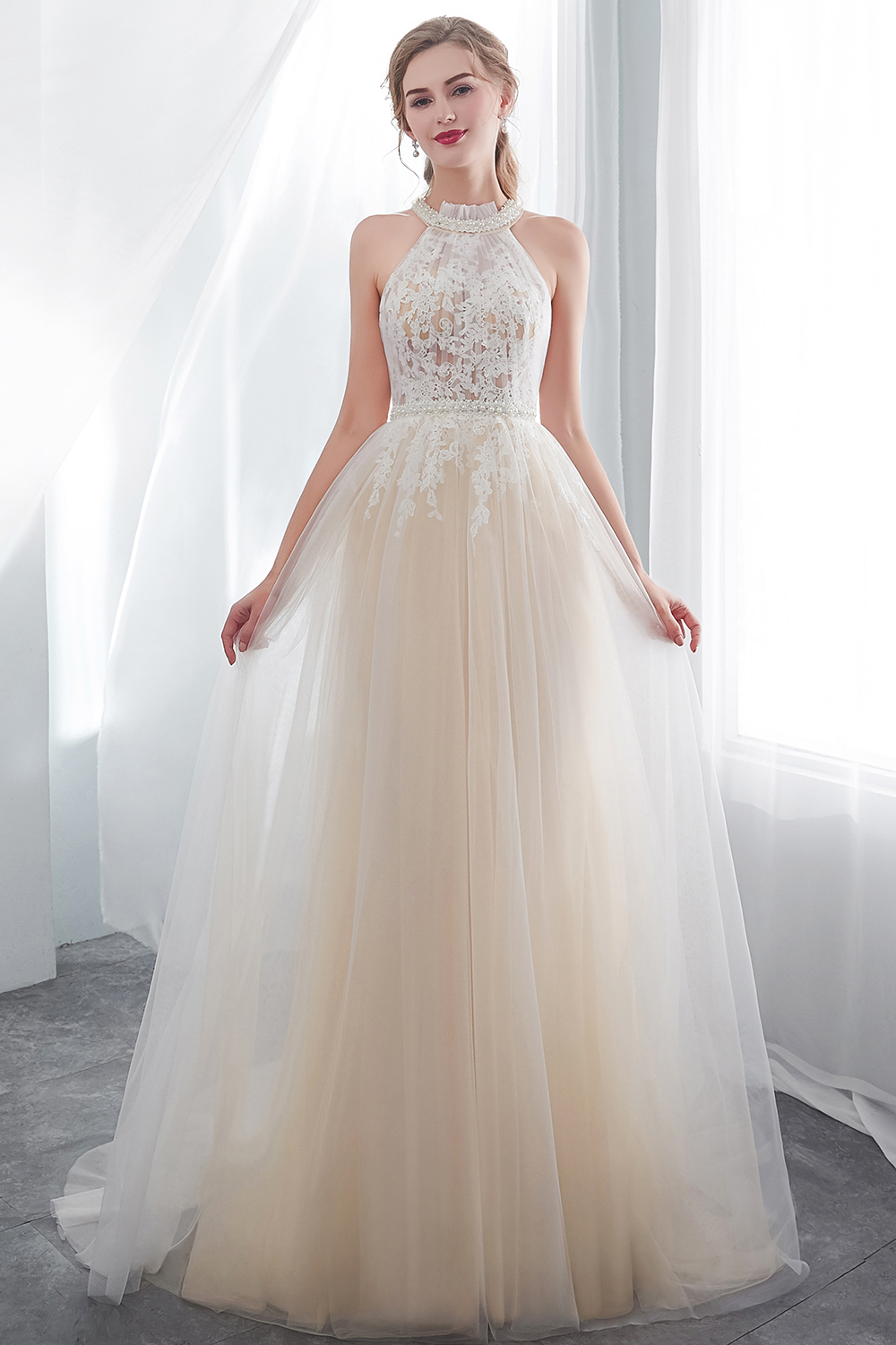 NATALIA | A-line Halter Floor Length Appliqued Tulle Evening Dresses-newarrivaldress