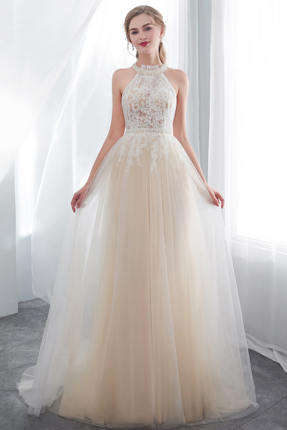 NATALIA | A-line Halter Floor Length Appliqued Tulle Evening Dresses-newarrivaldress