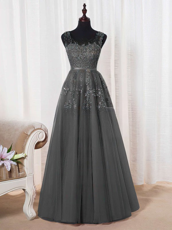 Elegant Crew Tulle A-line Evening Dress with Lace Appliques Floor-Length Formal Dresses-newarrivaldress