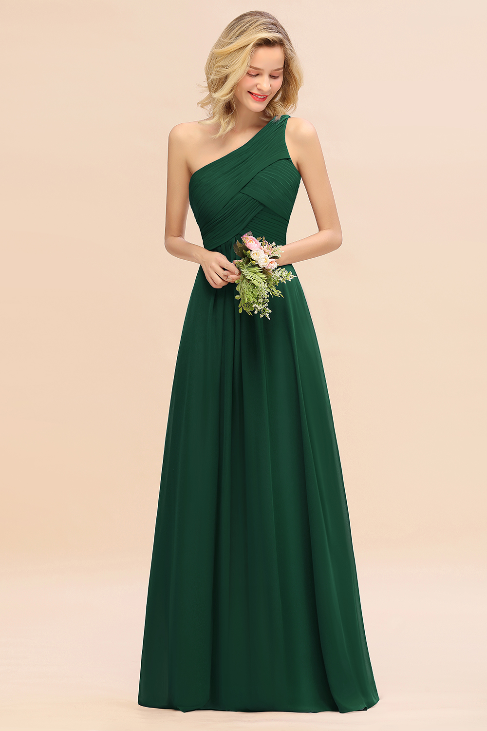 Elegant Ruched Chiffon One Shoulder Bridesmaid Dress Long Sleeveless Evening Dress-newarrivaldress