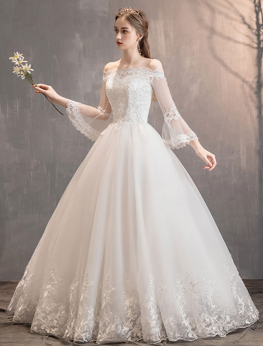 Lace Wedding Dresses Ivory Off The Shoulder Lace Applique Princess Bridal Gown-newarrivaldress