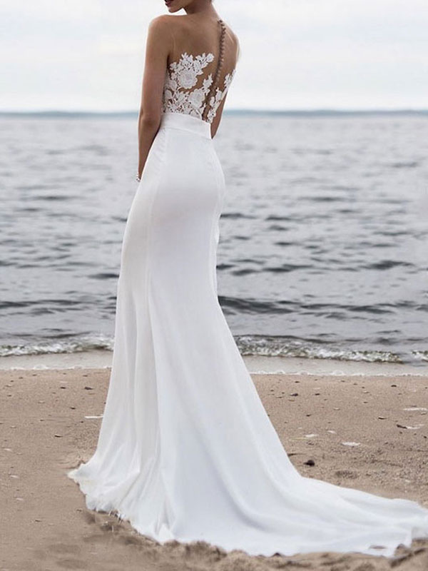 Wedding Dress 2021 Jewel Neck Sleeveless Mermaid Beach Wedding Bridal Gowns With Sweep Train-newarrivaldress