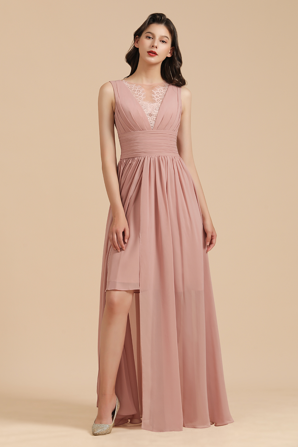 Elegant Sleeveless Ruffle Chiffon Aline Bridesmaid Dress Simple Maid of Honor Dress Floor length