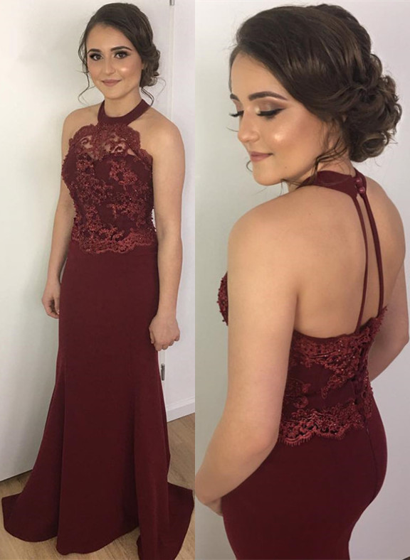 Burgundy Prom Dresses Mermaid Lace Halter Backless Evening Gowns-newarrivaldress