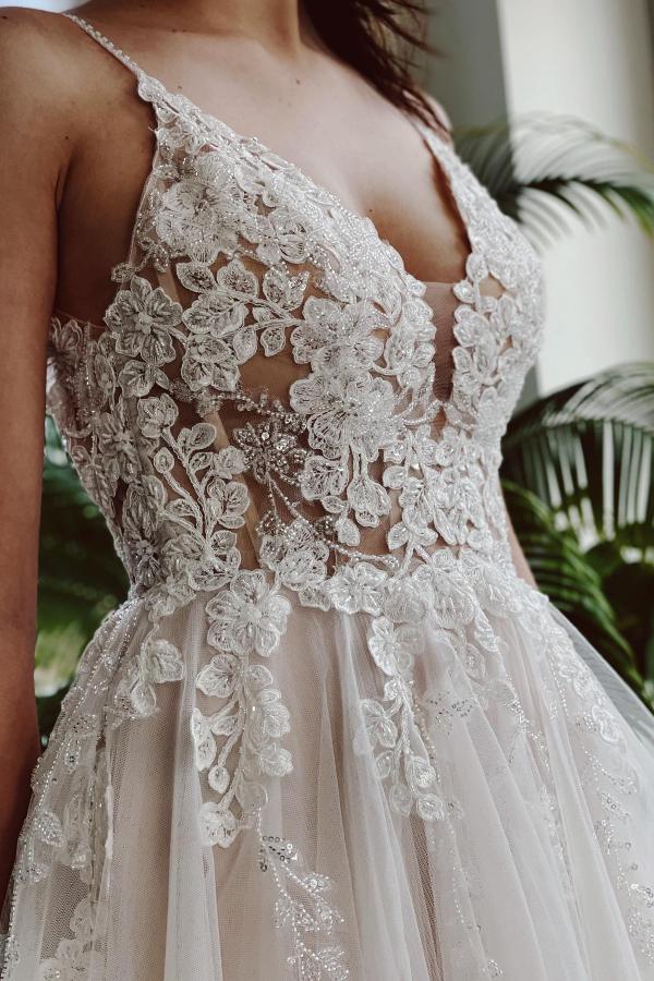 Elegant White Floral Lace Tulle Wedding Dress Aline Sleeveless V-Neck Bridal Dress-newarrivaldress