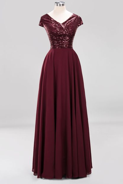 Elegant A-Line Burgundy Chiffon Sequined V-Neck Sleeveless Ruffles Floor-Length Bridesmaid Dresses-newarrivaldress
