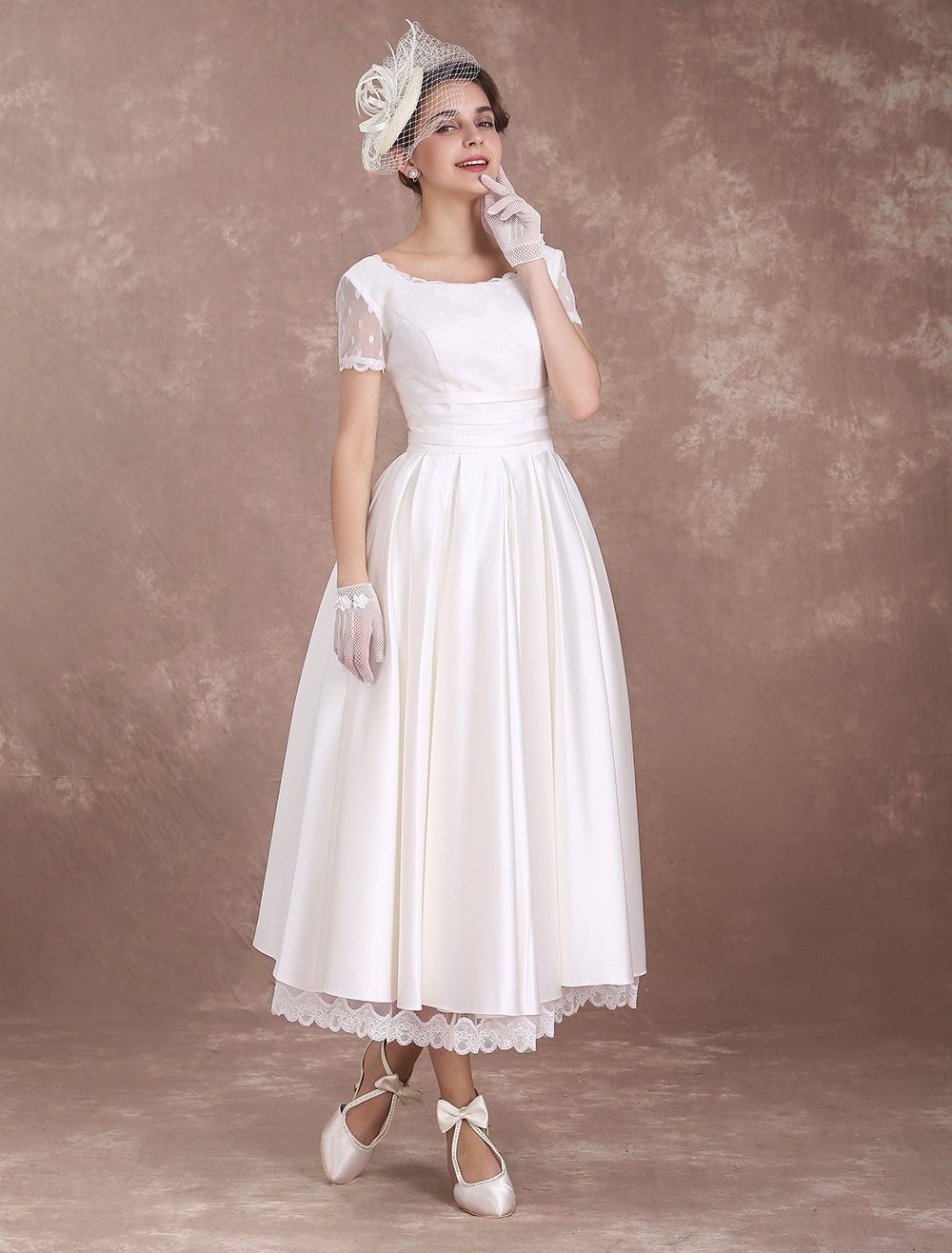 Vintage Wedding Dress Short Sleeve 1950'S Bridal Dress Backless Polka Dot Lace Trim Ivory Wedding Reception Dress Exclusive-newarrivaldress