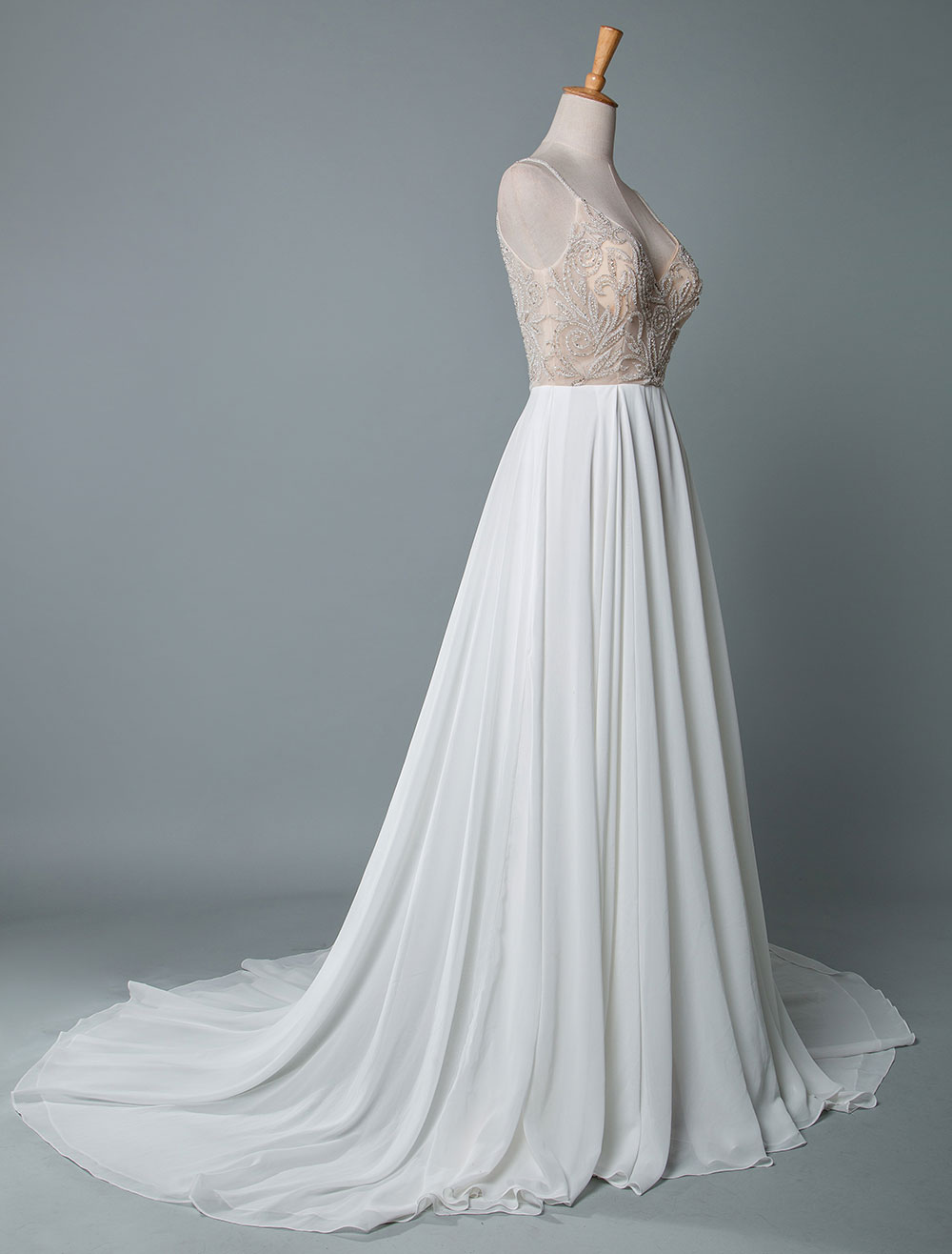 Simple Wedding Dress A Line V Neck Sleeveless Embroidered Chiffon Bridal Dresses With Train-newarrivaldress