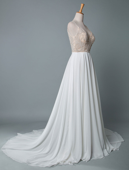 Simple Wedding Dress A Line V Neck Sleeveless Embroidered Chiffon Bridal Dresses With Train-newarrivaldress