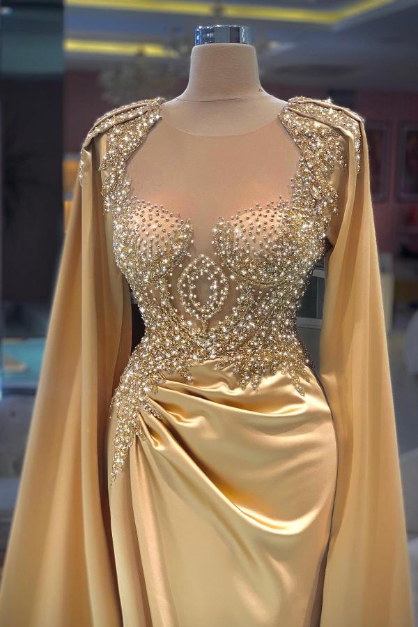 Stylish Jewel Neck Pearls Crystals Satin Mermaid Evening Dress with Cape-newarrivaldress