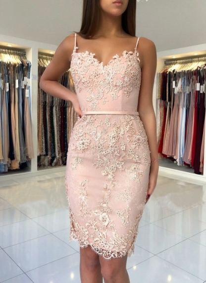 Elegant Pink Sheath Short Homecoming Dresses Spaghetti-Strap Sexy Sleeveless Cocktail Dresses-newarrivaldress