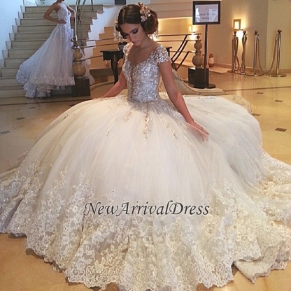 Cap Sleeves Gorgeous Tulle Ball Gown Wedding Dresses | Crystals Beaded Lace Appliques Bridal Gowns-newarrivaldress
