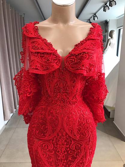 Glamorous V-Neck Long Sleeve Lace Appliques Beads Mermaid Floor Length Long Prom Dresses-newarrivaldress