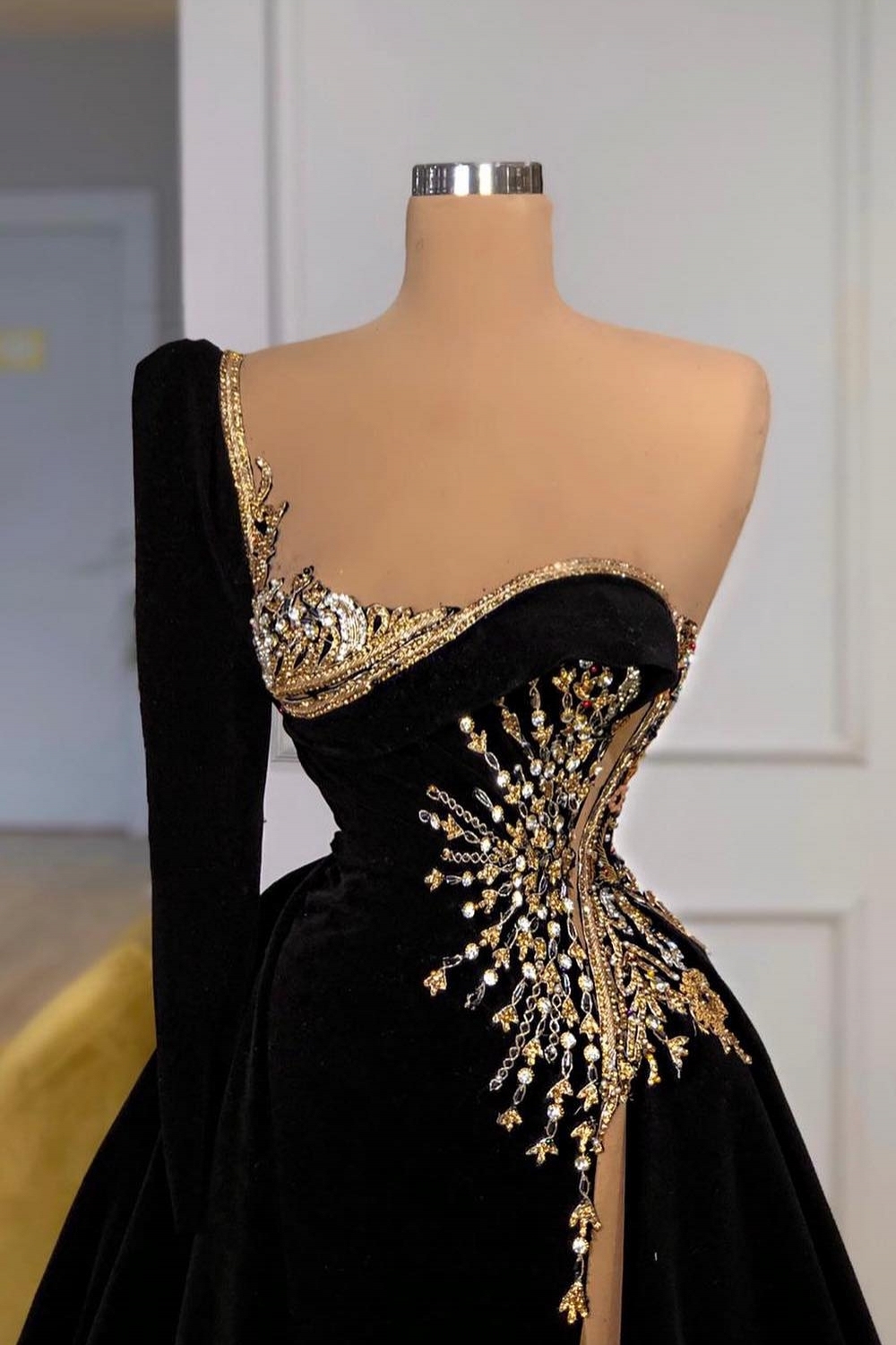 One Shoulder Black Aline Evening Dress Gold Sequins Party Gown-newarrivaldress