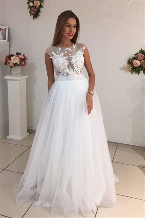 Custom Made Cap Sleeves Elegant A-Line Tulle Wedding Dresses-newarrivaldress