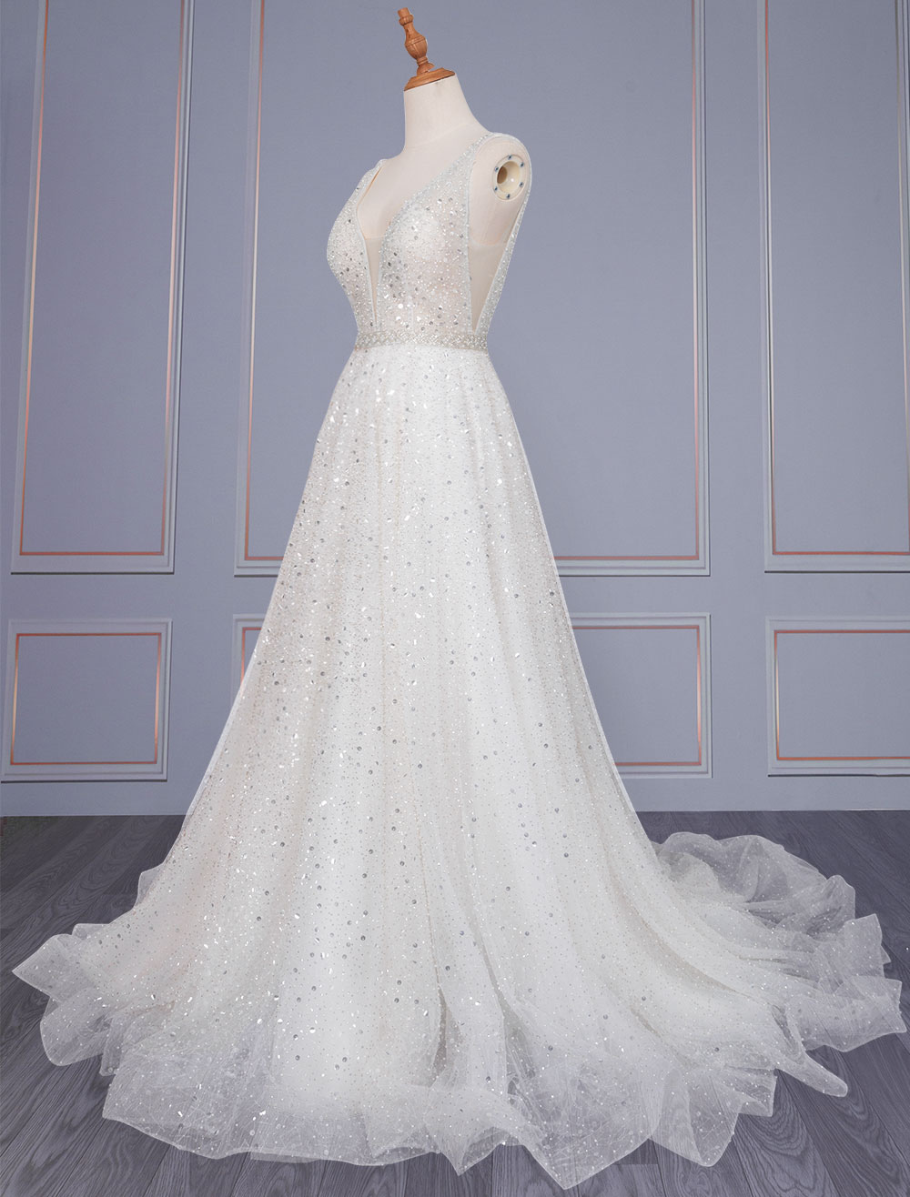 blue dress for baby girl Plunging Ivory A Line Backless Bridal Dress with Lace Embroidery 10 / Off White / Lace main image 1