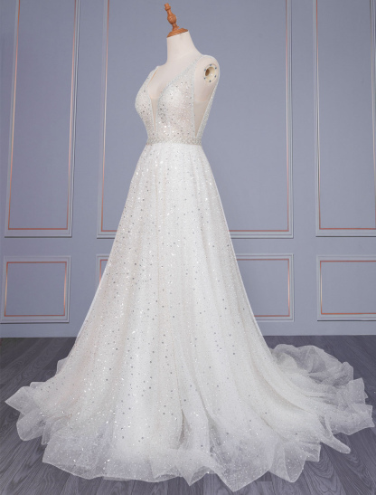 Ivory Simple Wedding Dress Lace V-Neck Sleeveless Backless Lace A-Line Long Bridal Gowns-newarrivaldress