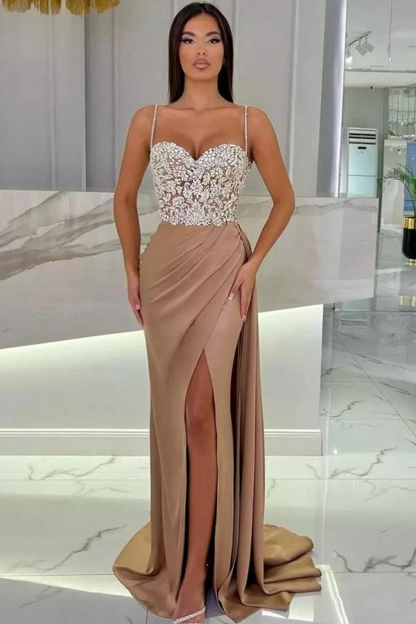 Charming Glitter Crystals Mermaid Prom Dress Ruched Satin Long Evening Dress with Straps-newarrivaldress