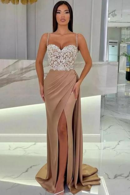 Charming Glitter Crystals Mermaid Prom Dress Ruched Satin Long Evening Dress with Straps-newarrivaldress