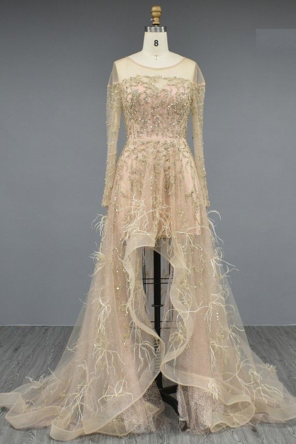Gorgeous Long Sleeves Crystals Jewel Tulle Hi-Lo Evening Dress with Fur-newarrivaldress