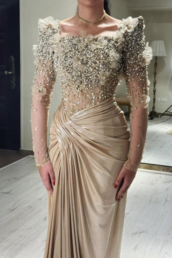 Exquisite Square Neck Pearls Ruched Satin Evening Dresses with Long Sleeves-newarrivaldress