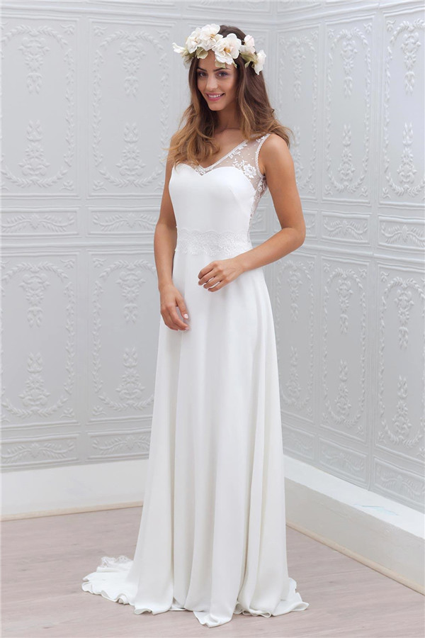 Sleeveless V-Neck Bowknot Chiffon Lace Appliques Simple Summer Beach Wedding Dresses-newarrivaldress