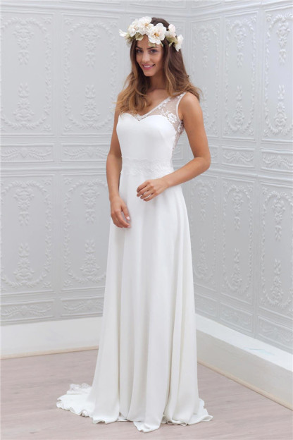 Sleeveless V-Neck Bowknot Chiffon Lace Appliques Simple Summer Beach Wedding Dresses-newarrivaldress