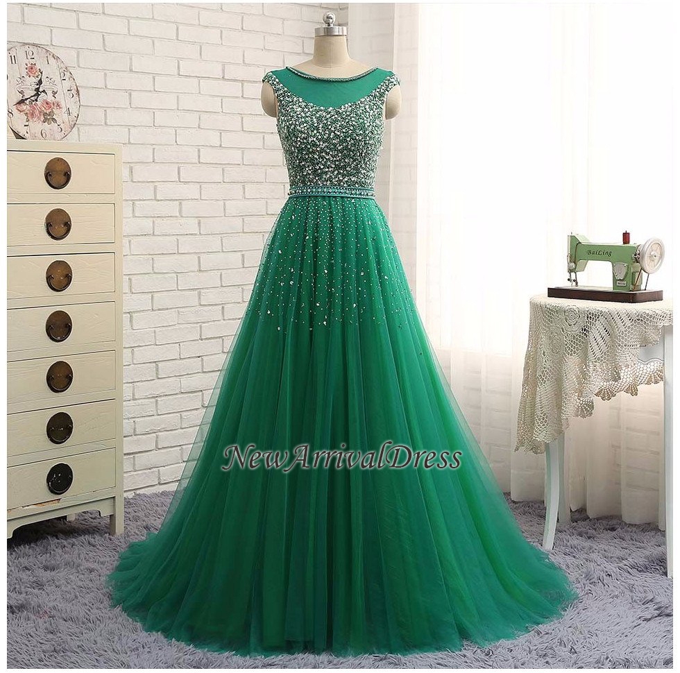 Beaded Custom Made A-line Tulle Brilliant Scoop Sleeveless Green Long Prom Dresses-newarrivaldress