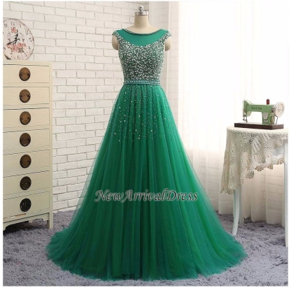 Beaded Custom Made A-line Tulle Brilliant Scoop Sleeveless Green Long Prom Dresses-newarrivaldress