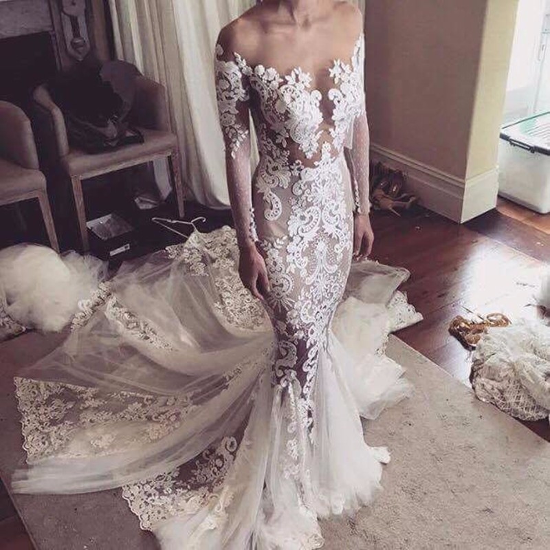Appliques Glamorous Tulle Mermaid Long Sleeve Sexy Wedding Dresses Online-newarrivaldress
