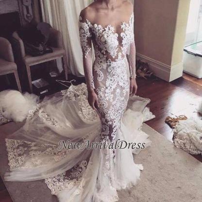 Appliques Glamorous Tulle Mermaid Long Sleeve Sexy Wedding Dresses Online-newarrivaldress
