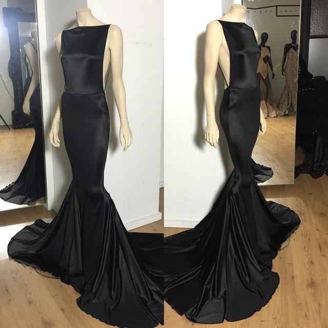Long Prom Dresses Black Open Back Bateau Neck Spaghettis Court Train Mermaid Evening Gowns-newarrivaldress