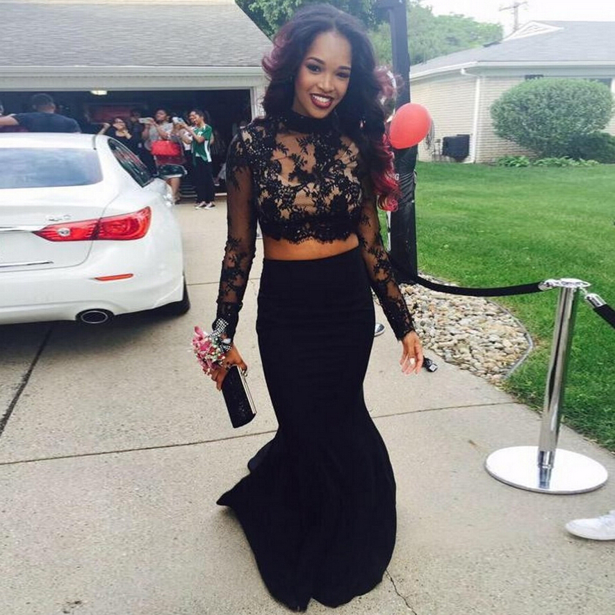 Two-Piece Prom Dresses Black High Neck Long Sleeves Lace Top Mermaid Sexy Evening Gowns-newarrivaldress