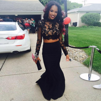 Two-Piece Prom Dresses Black High Neck Long Sleeves Lace Top Mermaid Sexy Evening Gowns-newarrivaldress