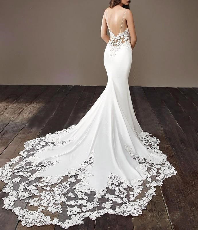 Sexy Spaghetti Strap Cheap Wedding Dresses | Mermaid Chiffon Lace Bridal Gown Online